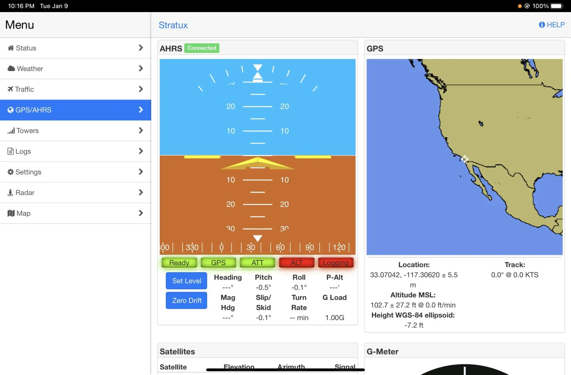 Stratux web interface AHARS and GPS